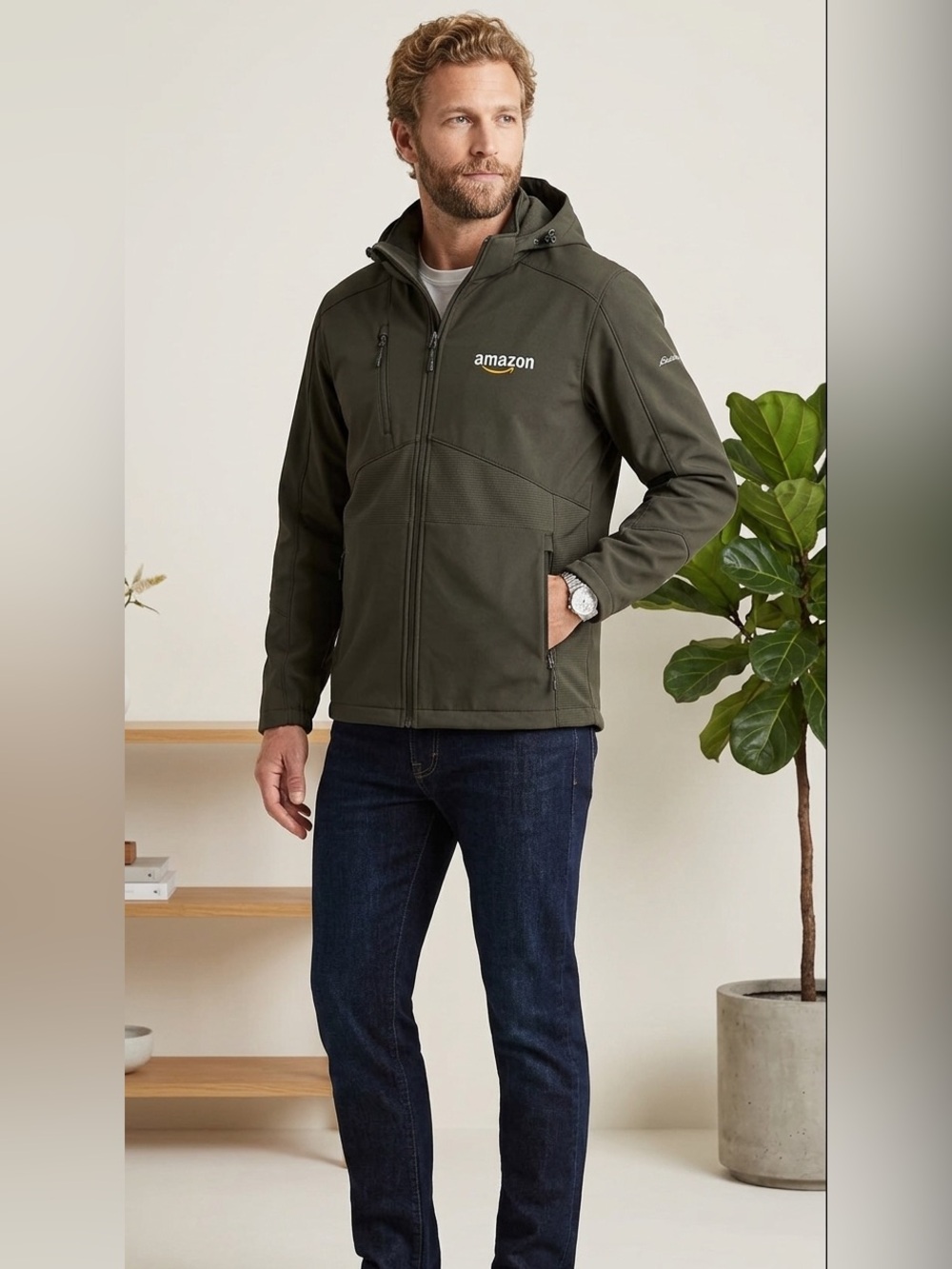 Eddie Bauer Mens Amazon‎ Logo Softshell Hooded Jacket Large Full Zip Coat